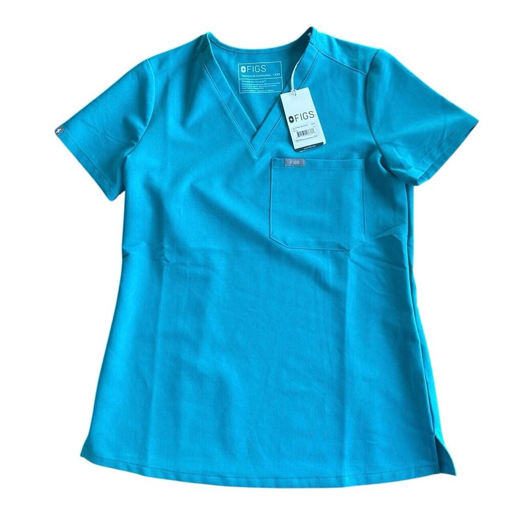 FIGS NWT Technical Catarina One Pocket Scrub Top Turquoise Blue Womens XXS